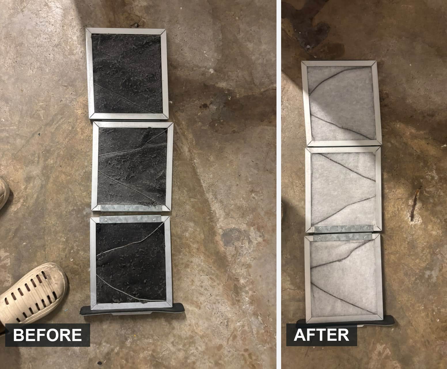 Three aircon filters clogged with dust beside the same filters after washing