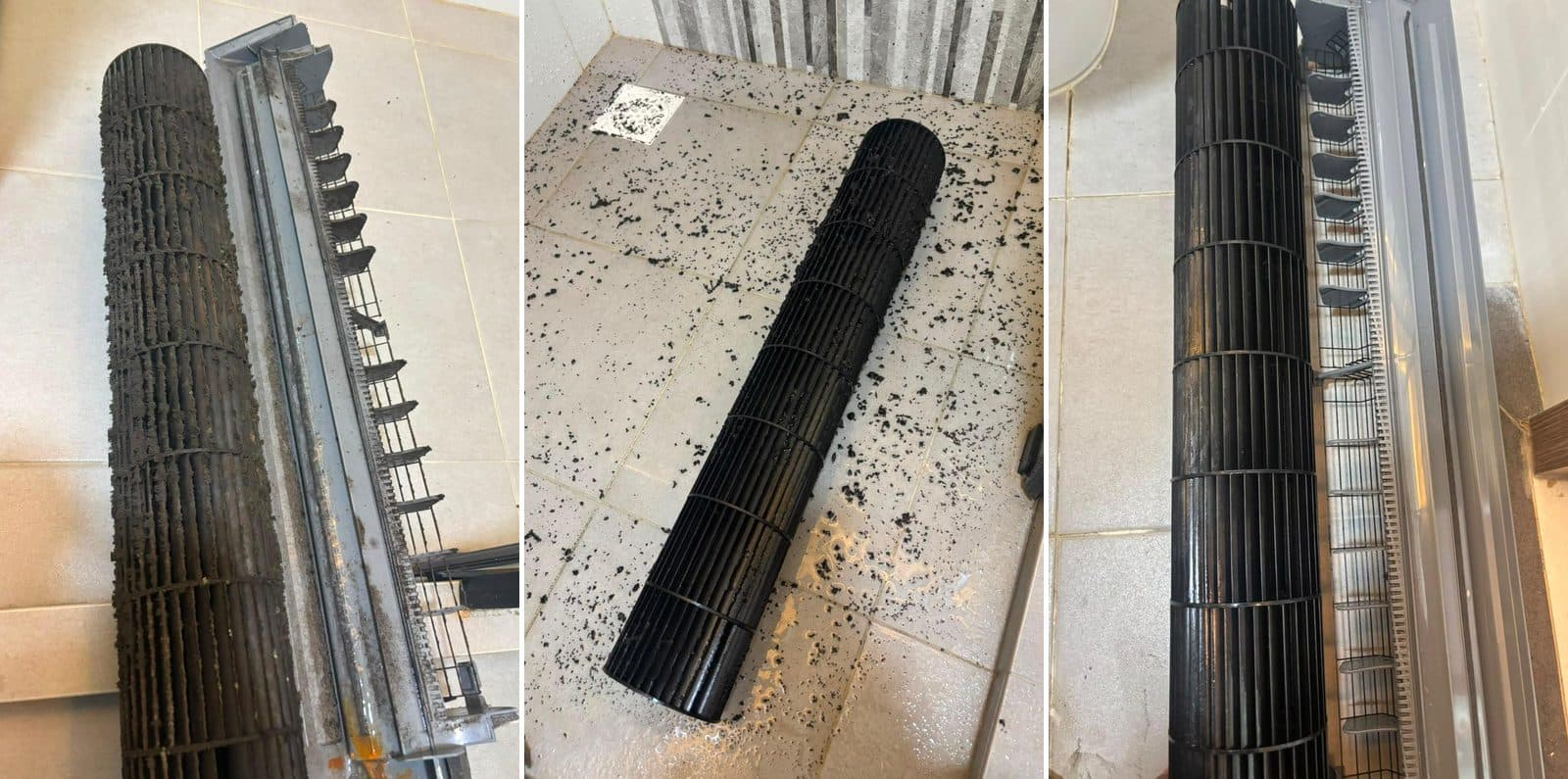 One aircon blower wheel in three stages: fins packed with black grime, then mid-wash with the dirt on the floor around it, then clean