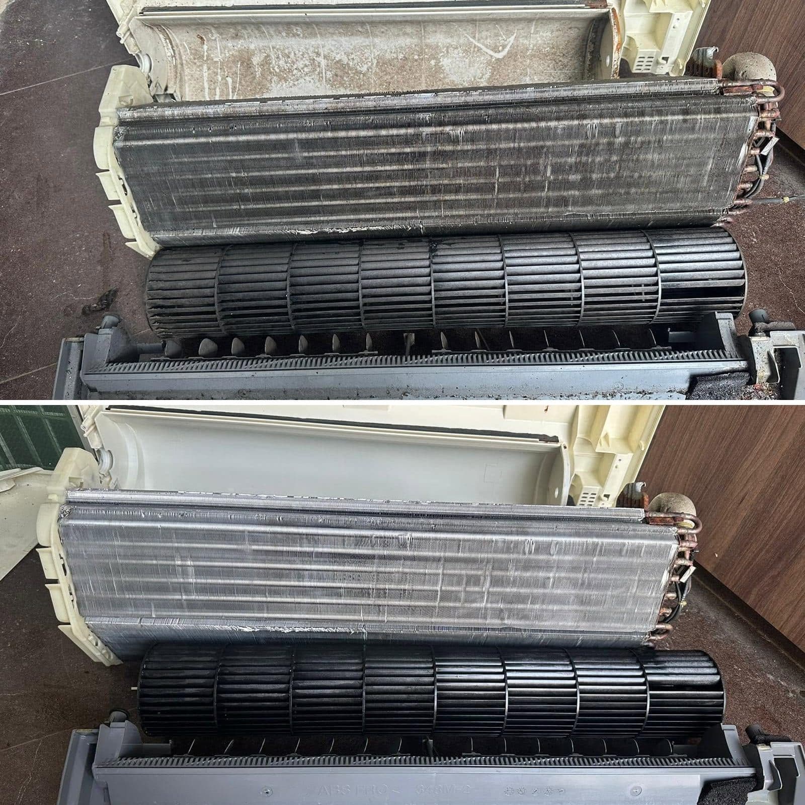The same aircon stripped down before and after a chemical overhaul: a grey, clogged coil and a grimy drainage tray on top, the same parts clean and bright below